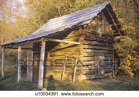 Stock Image - TN cabin in autumn colors. Fotosearch
