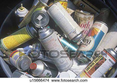 A bucket full of empty aerosol cans waiting for proper disposal View Large Photo Image Picture - A bucket full of empty aerosol cans waiting for proper disposal. Fotosearch