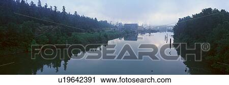 Stock Image - Paper Mill in the fog, USA. Fotosearch