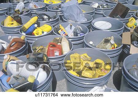 Picture - Various buckets of sorted recyclable materials. Fotosearch