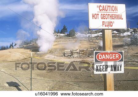 Stock Photograph - Warning signs at geothermal power plant in USA. Fotosearch