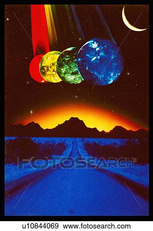 Stock Photo - A blue and black horizon below a crescent moon and several multi-colored spheres appearing as planets with laser lights shining through. Fotosearch