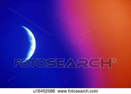 A crescent moon against a sky fading from blue to orange View Large Photo Image Stock Photograph - A crescent moon against a sky fading from blue to orange. Fotosearch