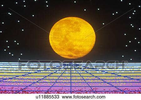 An orange full moon in a starry sky rising over a multi-colored grid