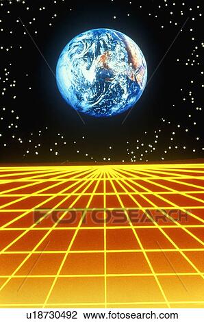 Earth against a starry background above a glowing orange matrix pattern extending to the horizon View Large Photo Image Stock Image - Earth against a starry background above a glowing orange matrix pattern extending to the horizon. Fotosearch
