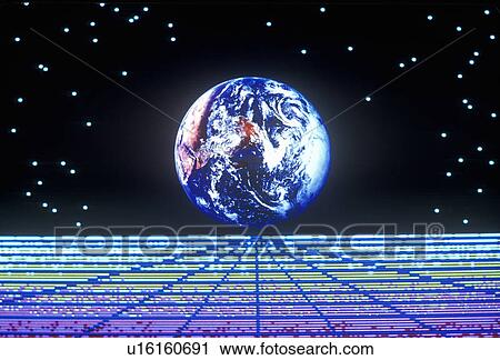 Earth against a starry background rising over a multi-colored grid extending to the horizon View Large Photo Image Stock Image - Earth against a starry background rising over a multi-colored grid extending to the horizon. Fotosearch