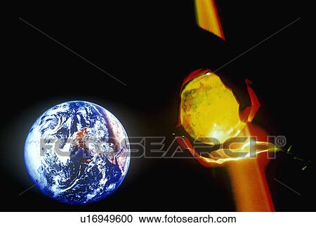 Stock Image - Earth and hands holding a glowing crystal sphere as orange laser light shines down. Fotosearch