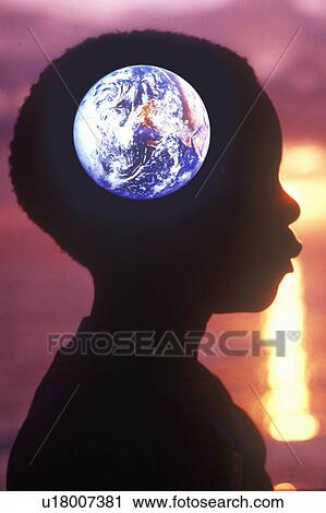 Silhouette of a child with the Earth superimposed over his head View Large Photo Image Stock Image - Silhouette of a child with the Earth superimposed over his head. Fotosearch
