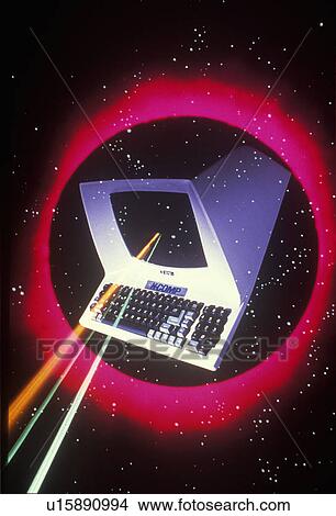 Picture - Space special effects composite of computer and red glowing sun halo. Fotosearch