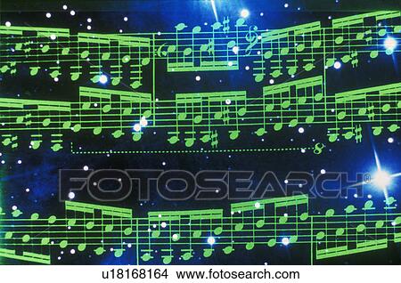 Picture - Space special effects composite of green musical notes and starry sky. Fotosearch