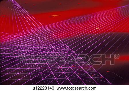 Stock Image - Space special effects composite of converging grids of magenta laser light against a red nebulous sky. Fotosearch