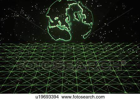 Picture - Space special effects composite with Earth silhouette and grid of green laser light. Fotosearch