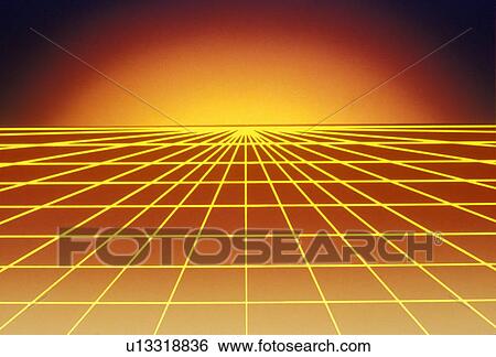 Stock Photograph - Space special effects of yellow grid matrix over red surface extending to a glowing horizon. Fotosearch