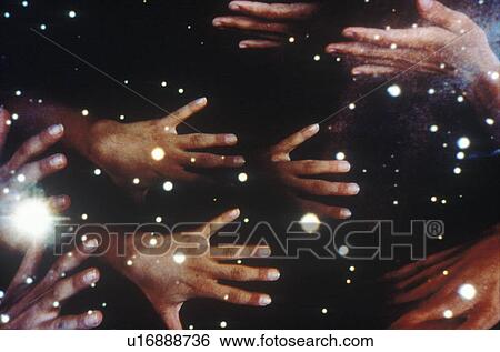 Special effects composite of many hands and starry sky View Large Photo Image Stock Photograph - Special effects composite of many hands and starry sky. Fotosearch