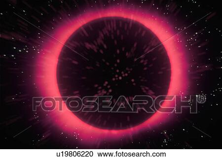 Stock Image - A black glowing sun with a magenta corona against a starry background. Fotosearch