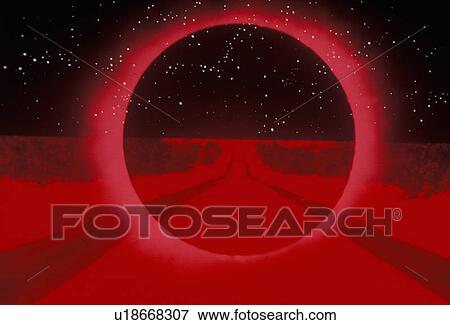 Stock Photo - A black sun glowing red superimposed over a red nighttime landscape. Fotosearch