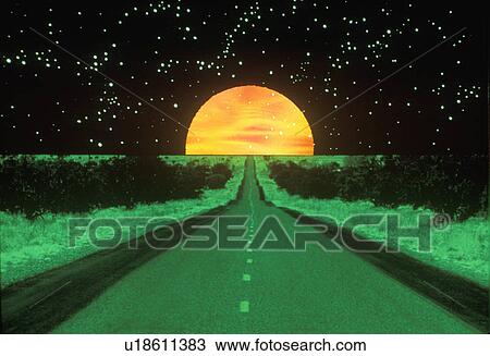 An orange sun against a starry background above a glowing green landscape extending to the horizon View Large Photo Image Stock Image - An orange sun against a starry background above a glowing green landscape extending to the horizon. Fotosearch