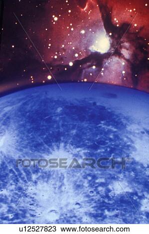 Stock Image - Blue moon horizon against starry sky with nebula. Fotosearch