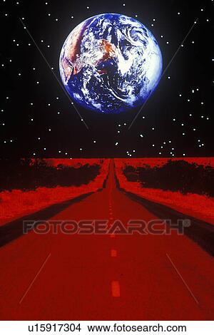 Picture - Earth against a starry background above a glowing red highway extending to the horizon. Fotosearch
