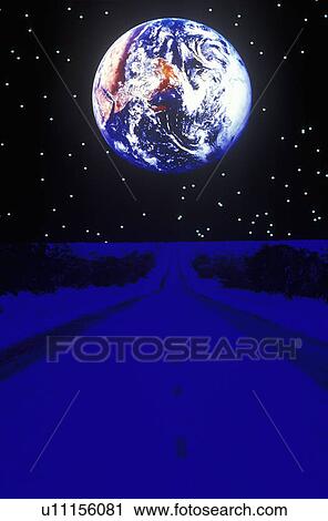 Earth against a starry background above a glowing blue highway extending to the horizon View Large Photo Image Stock Image - Earth against a starry background above a glowing blue highway extending to the horizon. Fotosearch