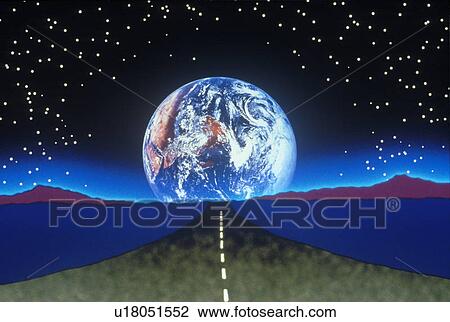 Earth against a starry background above a composited green highway and blue landscape extending to the horizon View Large Photo Image Stock Image - Earth against a starry background above a composited green highway and blue landscape extending to the horizon. Fotosearch