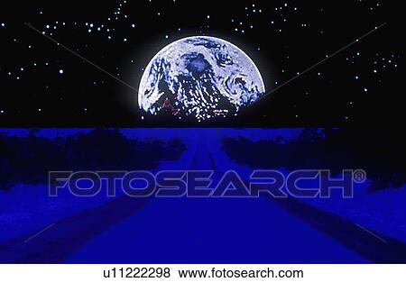Stock Photo - Earth against a starry background above a glowing blue highway extending to the horizon. Fotosearch