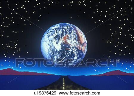 Stock Photo - Earth against a starry background above a composited green highway and blue landscape extending to the horizon. Fotosearch