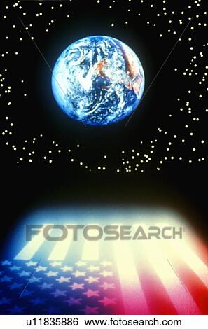 Stock Photograph - Earth against a starry background above a glowing orange American flag extending to the horizon. Fotosearch