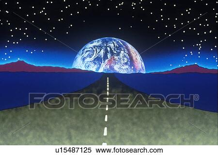 Stock Photography - Earth against a starry background above a composited green highway and blue landscape extending to the horizon. Fotosearch