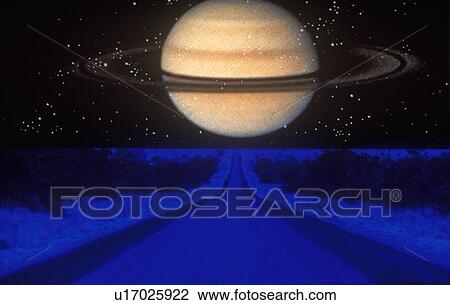 Saturn against a starry background above a glowing blue highway View Large Photo Image Stock Image - Saturn against a starry background above a glowing blue highway. Fotosearch