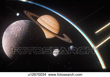 Picture - Space special effects composite with moons, Saturn, stars and laser light. Fotosearch