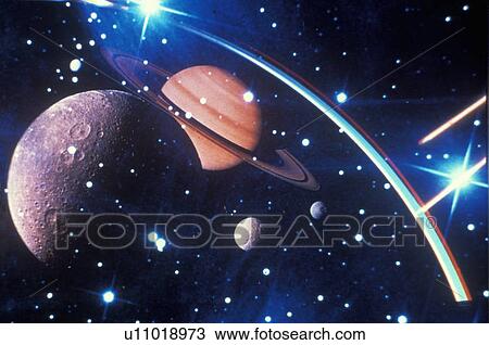Stock Image - Space special effects composite with moons, Saturn, stars and laser light. Fotosearch