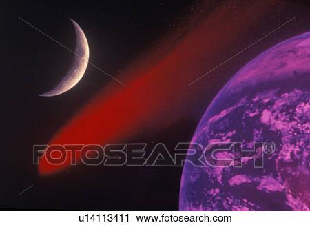 Stock Image - Space special effects composite with Earth, comet and crescent moon. Fotosearch