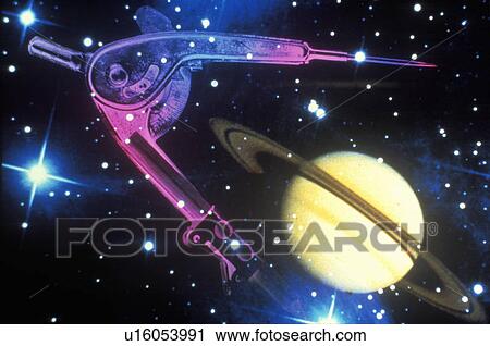 Stock Image - Space special effects composite with compass, moons, Saturn, stars and laser light. Fotosearch
