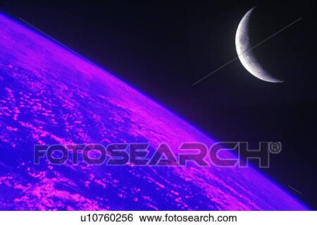 The edge of Earth viewed from space with a crescent moon against a black sky View Large Photo Image Stock Photograph - The edge of Earth viewed from space with a crescent moon against a black sky. Fotosearch