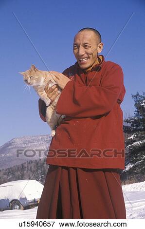 Tibetan Monk pets cat at Tibetan Monastery View Large Photo Image Stock Photo - Tibetan Monk pets cat at Tibetan Monastery. Fotosearch