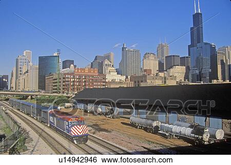 Commuter Train with Chicago skyline View Large Photo Image Stock Photograph - Commuter Train with Chicago skyline. Fotosearch