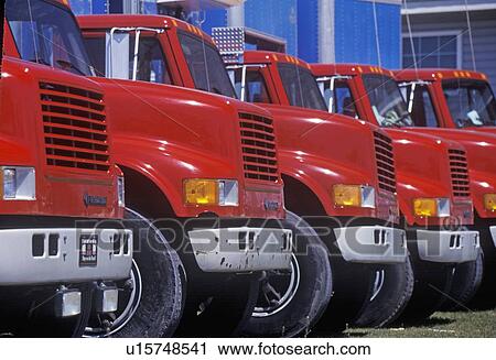 Stock Image - Red and blue trucks in a row . Fotosearch