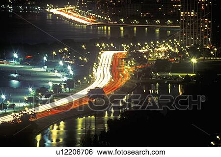 Stock Photograph - The Lake Shore Drive at night. Fotosearch