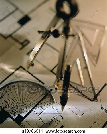 Stock Image - pen, stationary, compasses, dividers, protractor. Fotosearch