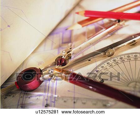Stock Image - stationary, compasses, pen, dividers, pen. Fotosearch