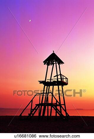 Dusk, Lifeguard Hut, Moon, Horizon, Light, Sunset View Large Photo Image Stock Photograph - Dusk, Lifeguard Hut, Moon, Horizon, Light, Sunset. Fotosearch