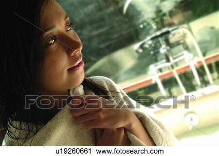 Stock Image - Indoor, Bathroom, Head And Shoulders, Bath, Care, One Young Woman Only. Fotosearch