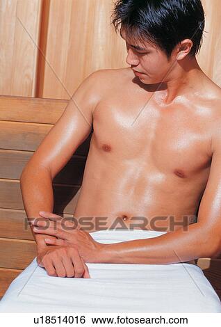 Stock Photograph - bare chest, beautifying, beautification, asian ethnicity. Fotosearch