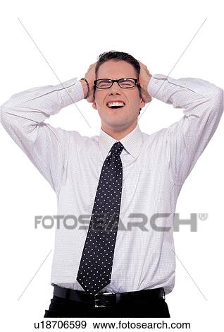 Stock Photo - human cut outs, hands on head, business man, stress, career. Fotosearch