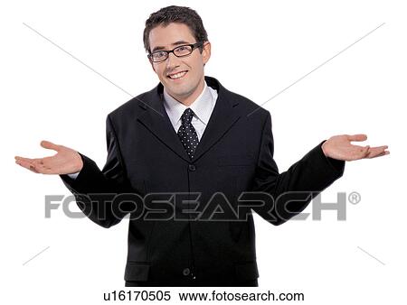 Stock Photography - standing, white background, looking at camera, suit, indoor. Fotosearch