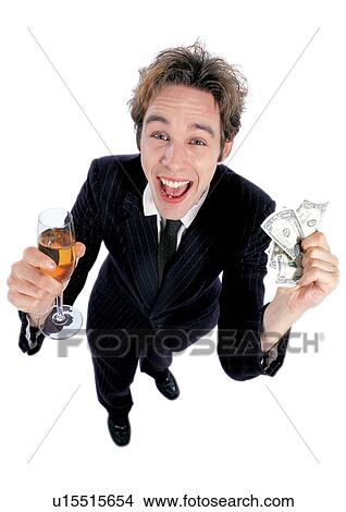 Picture - white background, business man, money, man only, glass. Fotosearch