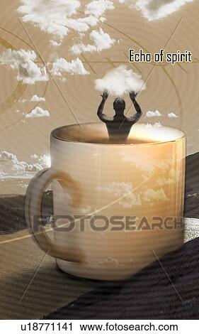 Stock Image - Close-up of a coffee mug superimposed on a brown background. Fotosearch