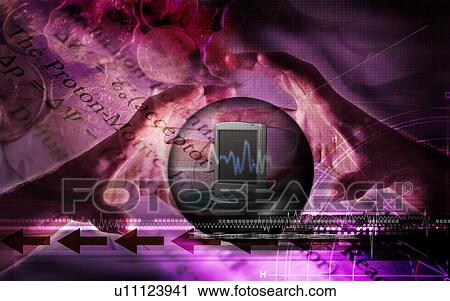 Stock Image - Close-up of human hands on a sphere superimposed on a background. Fotosearch