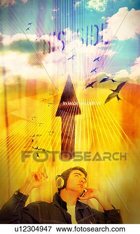 Stock Photo - High angle view of a young man superimposed on a background. Fotosearch